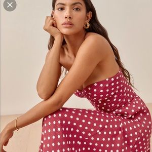 Reformation Strapless Raspberry Polka Dot Midi Dress